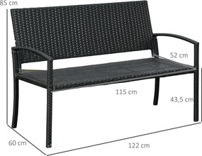 Banco Jardim Lounge Cadeira 2 Lugares Móveis para Jardim Exterior Terraço 2 Lugares Rattan Sintético Carga 320kg 122x60x87cm Estrutura Aço