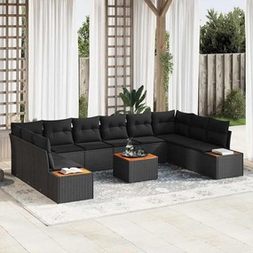 Conjunto de Sofá de Jardim vidaXL com 11 Peças e Almofadas Preto de Rattan Poliéster Acácia