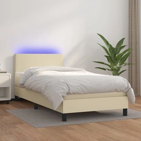 Cama box spring c/ colchão/LED 90x200 cm couro artificial creme