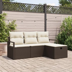 Conjunto de Sofá de Jardim de 4 Peças com Almofadas Castanho Rattan Po
