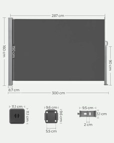 Toldo lateral 160 x 300 cm Ferro revestido a pó e alumínio , poliéster revestido a PVC de 220 g/m² cinzento fumo