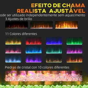 HOMCOM Lareira Elétrica 1000W/2000W Lareira Elétrica de Parede com Temperatura Ajustável Silenciosa Temporizador e Controlo Remoto para Ambientes de 15-25 m² 98x27x54,5 cm Branco