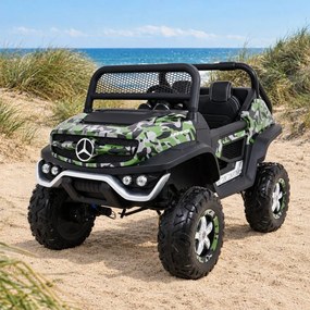 Carro elétrico para Crianças 2 Lugares Mercedes BENZ UNIMOG 12V 4x4 Rodas Espuma EVA, Assento couro ecológico Camulflado