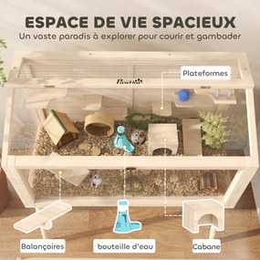 Gaiola para hamsters, habitat para roedores 110 x 52 x 101 cm, em madeira FSC, com teto abrível, 7 plataformas, 2 Baloiços, com efeito de madeira natu
