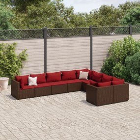 vidaXL 9 pcs conjunto sofás p/ jardim c/ almofadões vime PE castanho