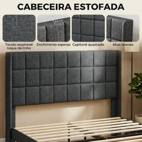 Cama de Casal 135x190 cm com Cabeceira Estofada com Laterais e Arrumação Inferior, Cinzento