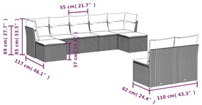 9 pcs conj. sofás jardim com almofadões vime PE cinzento-claro