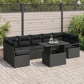 Conjunto de Sofá Jardim 8 Peças com Almofadas Preto Rattan Poliéster