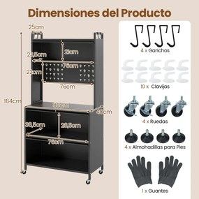 Armário de cozinha 80 x 40 x 160 cm de 5 níveis com suporte para micro-ondas com portas Armário para despensa com rodas Cinzento