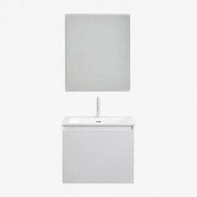 Conjunto De Móvel De Casa De Banho Suspenso Em Madeira Com Lavatório Integrado Macrae Branco & Led Retangular E Anti-embaciamento 60x70 Cm - Sklum