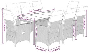 9 pcs conjunto de jantar p/ jardim c/ almofadões vime PE preto