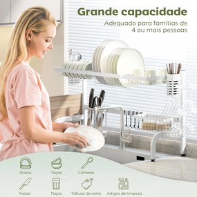 Escorredor de Louça de Aço de 2 Níveis com Prateleira para Pratos Suporte para Facas e Talheres 100x30x54,5 cm Branco