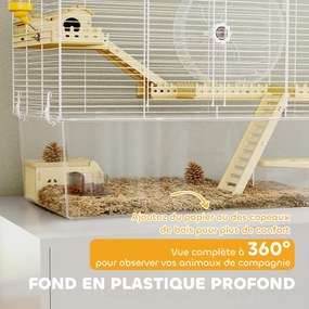 Gaiola para hamsters de 3 níveis, gaiola para roedores com roda de exercício, tabuleiro transparente e fundo, 59 x 35,5 x 47 cm, branca