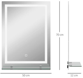 Espelho para Casa de Banho 50x70 cm com Moldura de Alumínio, Luzes LED Interruptor Tátil e Prateleira de Vidro para Casa de Banho Prata