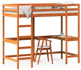 vidaXL Cama alta c/ secretária 90x200 cm pinho maciço castanho-cera