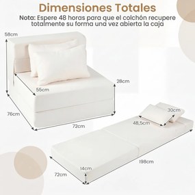 Sofá-cama futon dobrável 3 em 1 com 2 almofadas, em tecido de chenille , para sala, quarto ou escritório bege