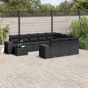 vidaXL 11 pcs conjunto sofás de jardim c/ almofadões vime PE preto