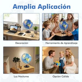 Globo Terrestre 32 x 32 x 45 cm Iluminado Lámpada de Noite com Suporte de Madeira e Mapa Transparente para Crianças e Adultos Azul