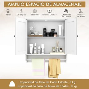 Armário de parede para casa de banho com 2 portas, barra de toalha, prateleira ajustável, organizador de armazenamento de cozinha 60 x 21 x 61 cm Bran