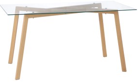 HOMCOM Mesa de Jantar para 6 Pessoas com Bancada de Vidro Temperado e Pés de Aço com Efeito de Madeira 150x75x76 cm Transparente e Madeira