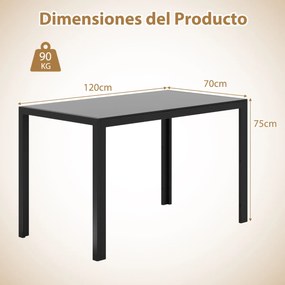 Mesa de jantar em vidro retangular 120 x 70 x 75 cm para 4 pessoas Mesa de cozinha com estrutura metálica Preto