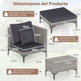Conjunto jardim de rattan para exterior de 5 peças com mesa auxiliar, 2 sofás, 2 apoios para os pés, almofadas e travesseiros macios, modular, para pá