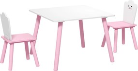 Conjunto Mesa e 2 Cadeiras para Crianças 3-6 Anos em Madeira com Cantos Arredondados, Tema Algodão Doce, Rosa