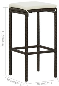 3 pcs conjunto de bar para jardim com almofadões castanho