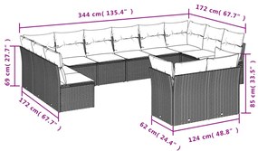 12 pcs conjunto de sofás de jardim c/ almofadões vime PE preto
