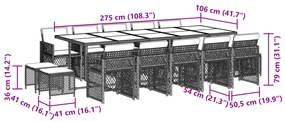 15 pcs conjunto jantar p/ jardim c/ almofadões vime PE cinzento