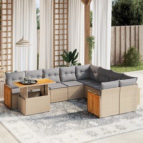 10 pcs conjunto de sofás p/ jardim com almofadões vime PE bege