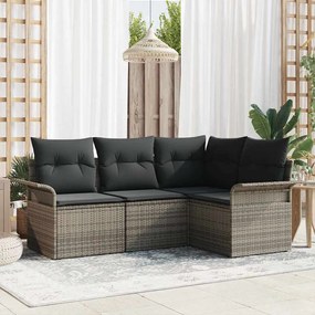 Conjunto de Sofá de Jardim de 4 Peças com Almofadas Rattan Poli Cinza