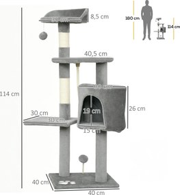 Arranhador para gatos com vários acessórios: arranhadores, plataformas, compartimentos abertos, corda e brinquedos – 40 x 40 x 114 cm – cinzenta