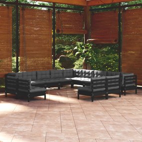 13 pcs conjunto lounge jardim c/ almofadões pinho maciço preto