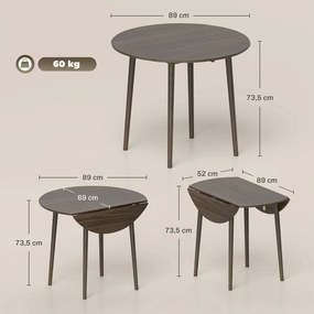 Mesa de jantar dobrável com 2 abas, mesa redonda extensível para 4 pessoas, pés em madeira Ø 89 x 73,5 cm, cinzenta