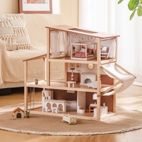 Casa de bonecas de madeira 62,7 x 66 x 29,7 cm com 37 peças de mobiliário Bohemian