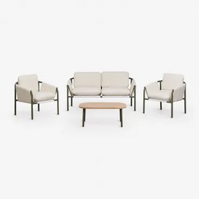 Conjunto De Jardim Com Sofá De 2 Lugares, 2 Poltronas Estofadas E Mesa De Centro Em Aço Zunika Verde Azeitona Intenso - Sklum
