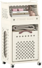 Cesto de roupa suja 44 x 29,5 x 78 cm com rodas dobrável com várias camadas, estante superior, recipiente e ganchos organizadores bege