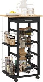 Carrinho de Cozinha com Rodas Carrinho Auxiliar com Gaveta 4 Cestas Amovíveis de Metal e Prateleiras Laterais 47x37x83 cm Preto e Madeira
