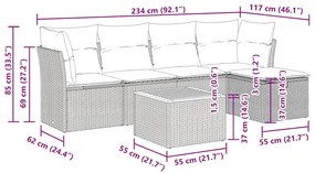 6 pcs conjunto sofás de jardim com almofadões vime cinzento