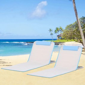 Conjunto de 2 Esteiras de Praia com Encosto Reclinável em 5 Níveis Bolsa de Transporte e Apoio de Cabeça 48x134x36-45 cm Branco Creme