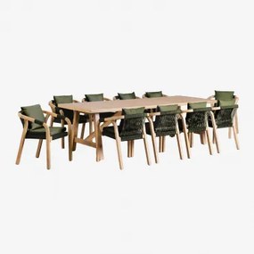 Conjunto De Mesa Retangular (260x100 Cm) E 10 Cadeiras De Jardim Em Madeira De Acácia Dubai Castanho Acácia Rústico & Tecido Verde Exército - Sklum