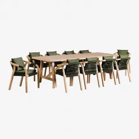 Conjunto De Mesa Retangular (260x100 Cm) E 10 Cadeiras De Jardim Em Madeira De Acácia Dubai Verde Exército Claro & Castanho Acácia Rústico - Sklum