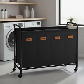 Cesto para roupa suja com 4 compartimentos com 200 l e rodas, 79 x 40 x 91 cm Preto