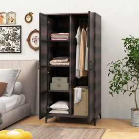Armario de vime com 2 portas PE com varão para pendurar e 4 cubos de arrumação Organizador de roupa para casa pátio garagem Castanho