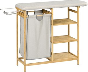 Cesto de Roupa Suja 57,4 L com Tábua de Passar Suporte para Ferro 3 Prateleiras e Bolsa Removível 113x34x82 cm Madeira e Cinza