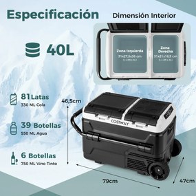 Gelaeira 40L 12V portátil com compressor (-20 ℃ ~ 20 ℃) para viagens, campismo preto