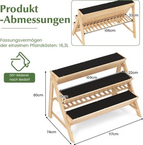 Floreira para vaos de jardim com 3 níveis, prateleira, 2 ganchos para pendurar e 3 forros para estufa 117 x 74 x 80 cm Natural