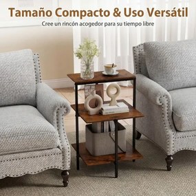 Mesa apoio industrial de 3 prateleiras, quadrada, com prateleiras abertas e estrutura metálica, para sala, quarto e espaços pequenos, em castanho rúst
