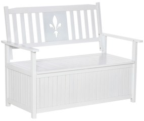 Outsunny Banco de Madeira Exterior de 2 Lugares com Espaço de Armazenamento e Tecido Oxford Banco Baú de Jardim Terraço com Apoio para os Braços Carga 250kg 125x68,5x97 Branco